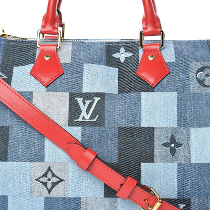 Louis Vuitton Denim Damier Monogram Patchwork Speedy Bandouliere 30 Blue Rouge 12 of 12