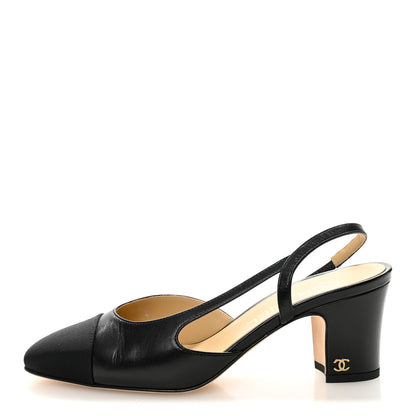 Chanel Goatskin Grosgrain Cap Toe CC Slingback Pumps 37 Black 1 of 8