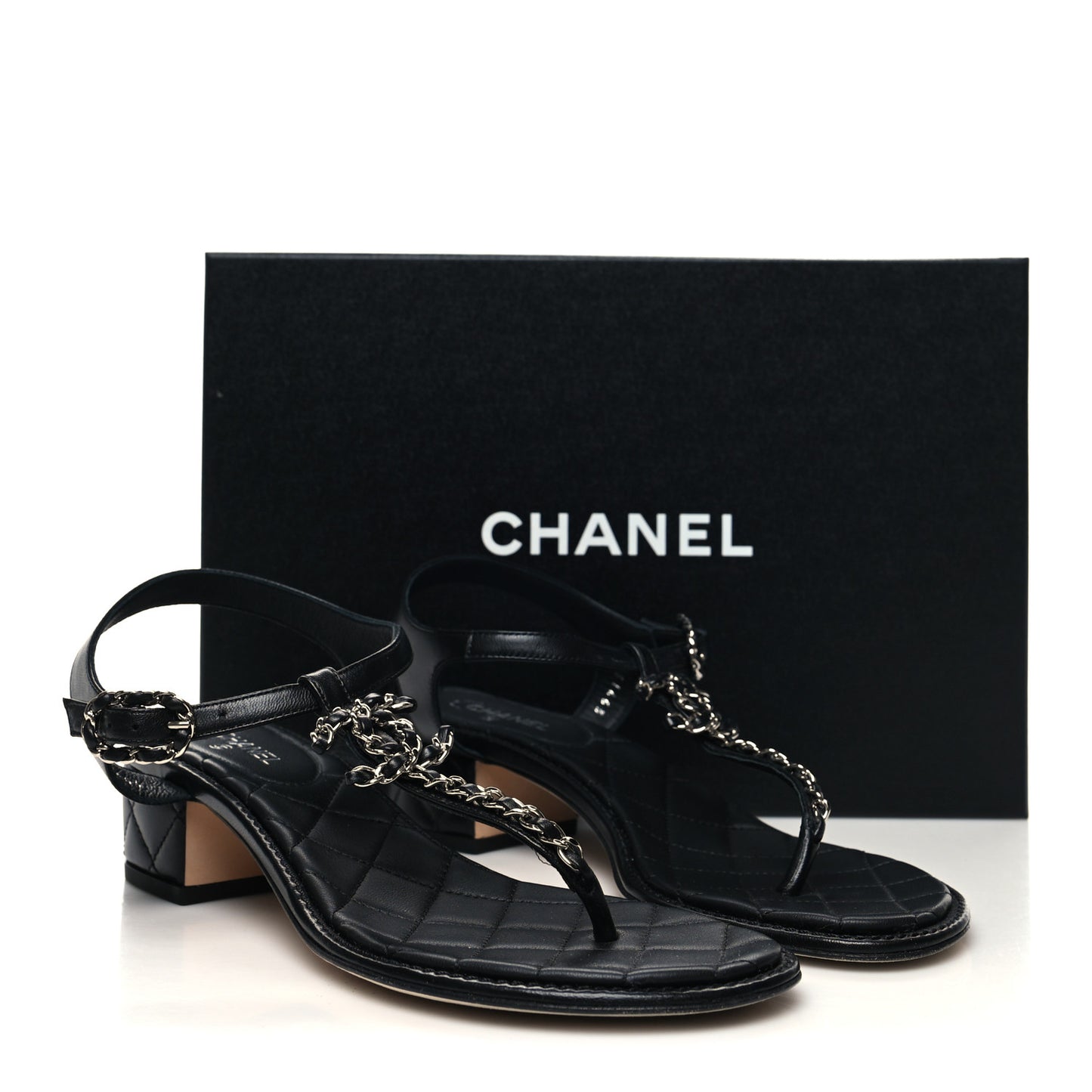 Lambskin Chain CC Thong Sandals 38 Black