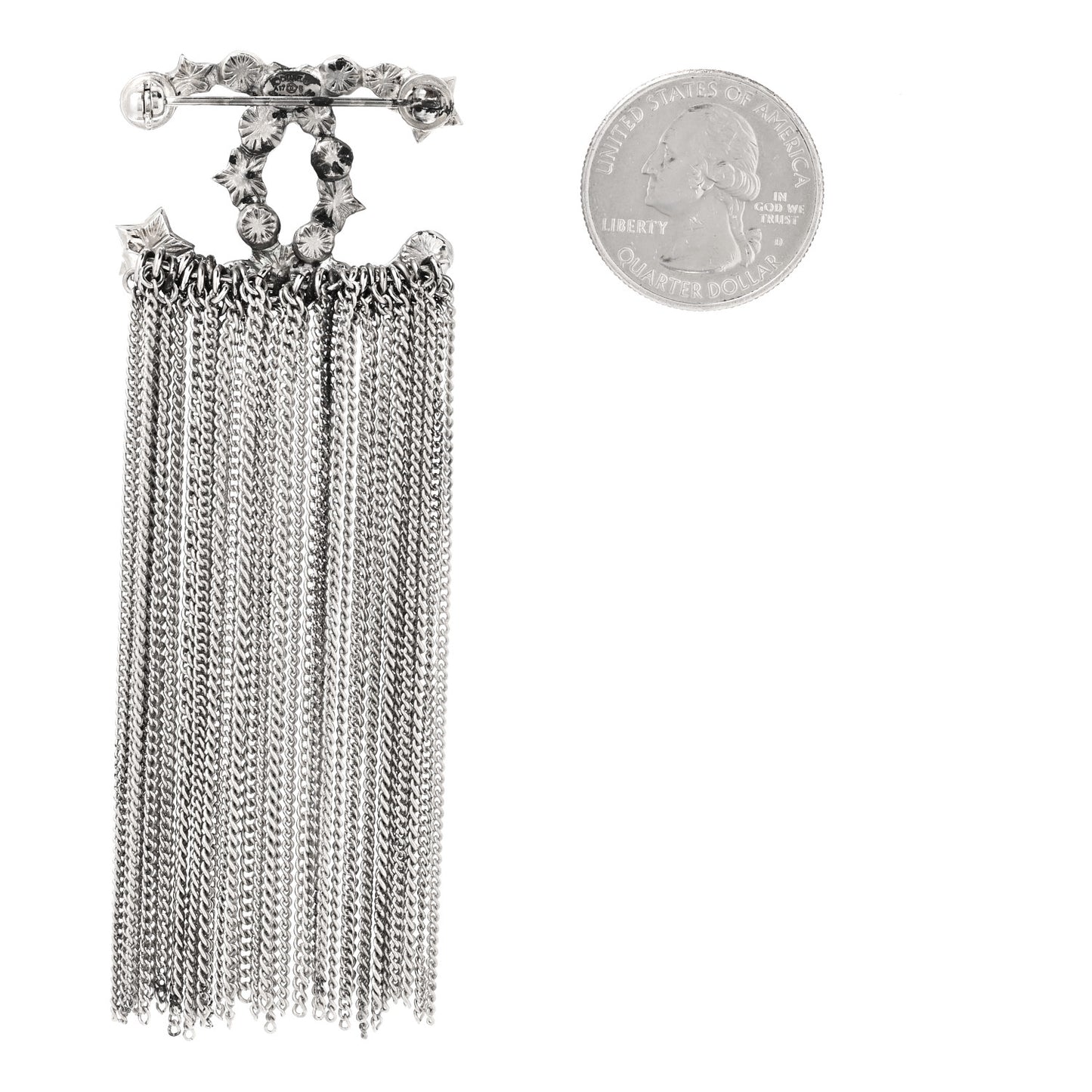 Metal Pearl Chain Fringe CC Brooch Silver