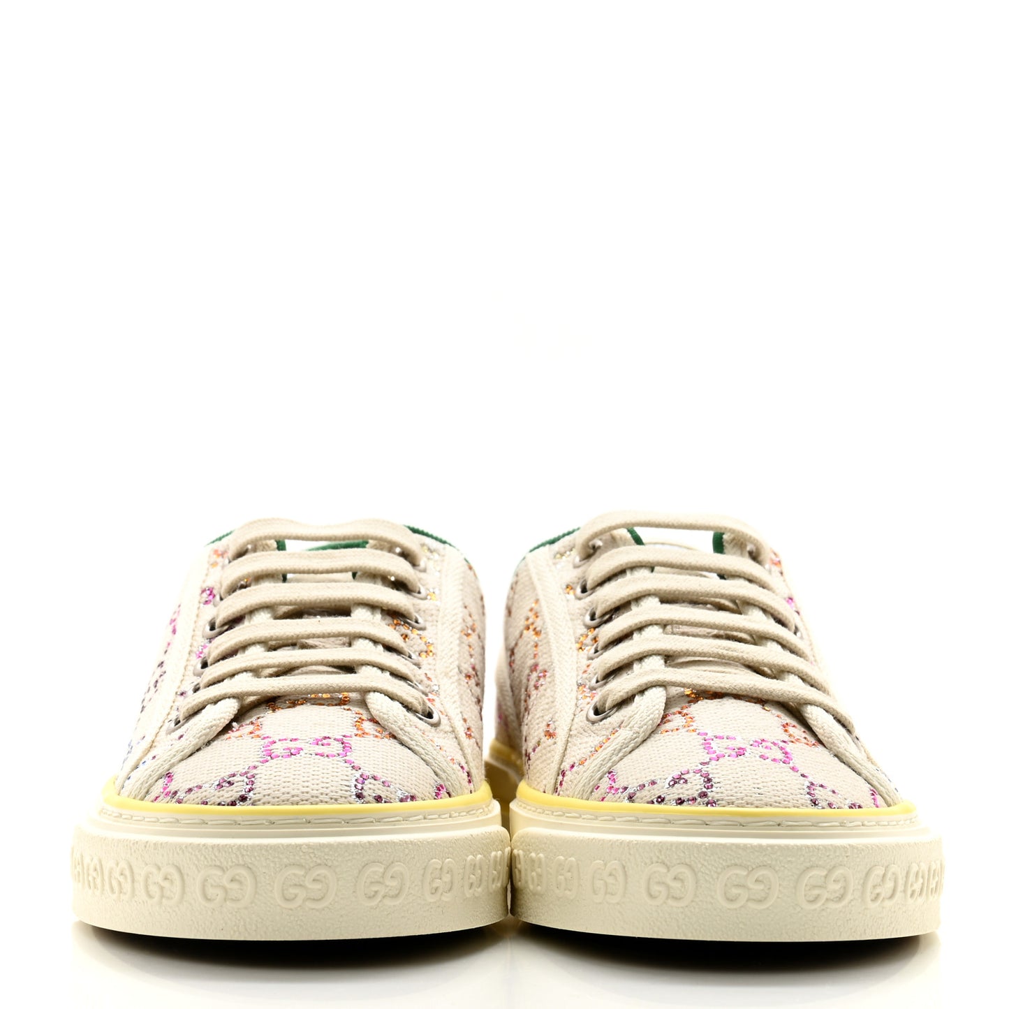 Canvas Lame Crystal GG Monogram Womens 1977 Tennis Sneakers 37 Gardenia Silver Mystic White
