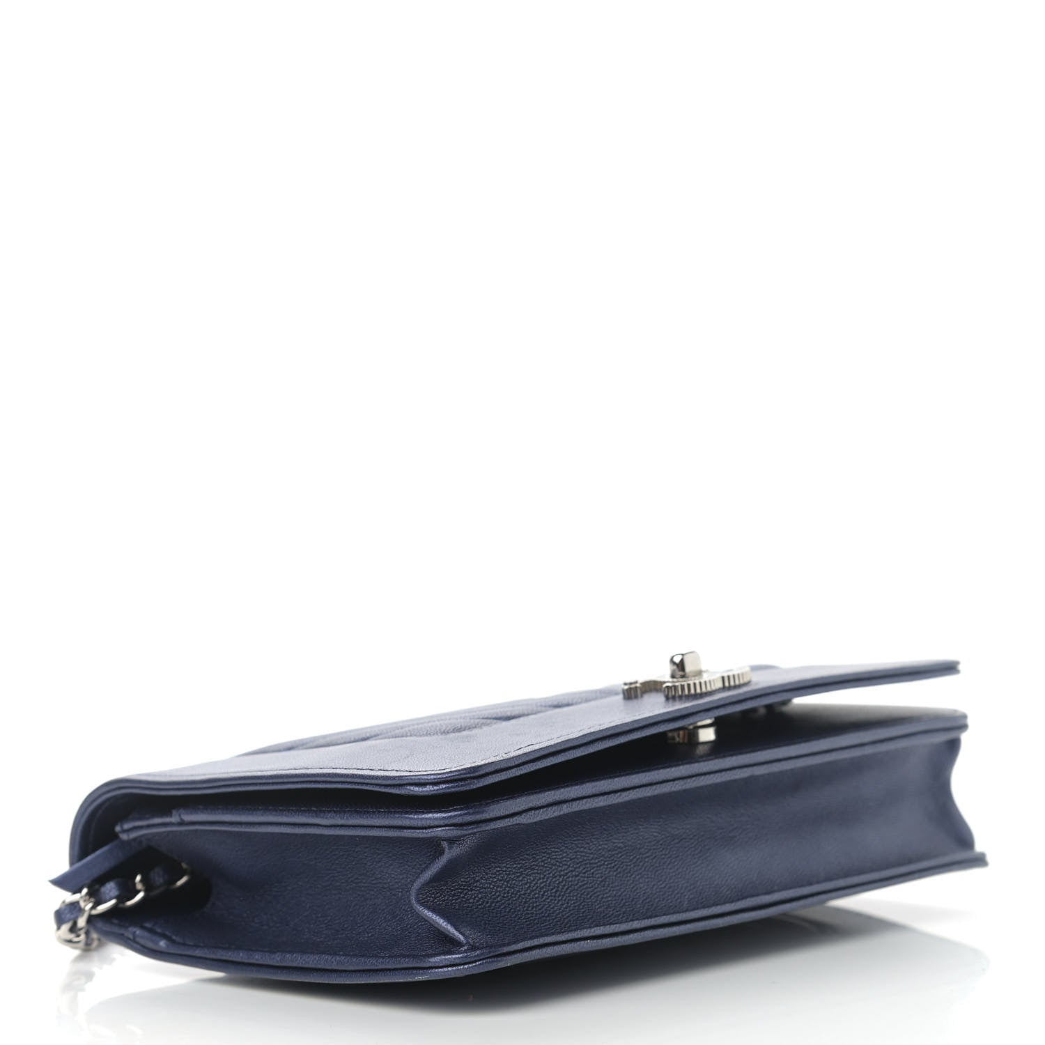 Chanel Metallic Sheepskin Chevron Quilted Vintage Mademoiselle Wallet On Chain WOC Navy 4 of 15