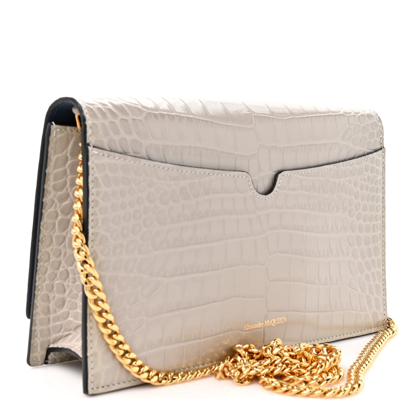 Calfskin Crocodile Embossed Skull Medium Shoulder Bag Grey
