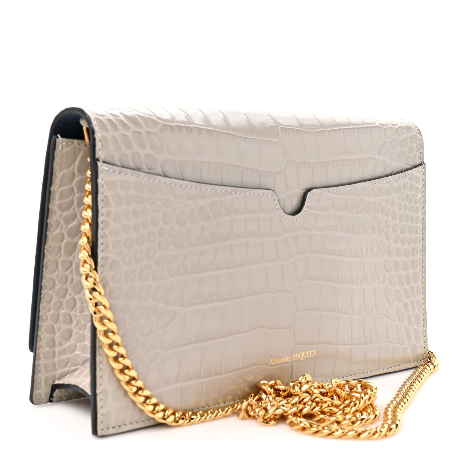 Alexander McQueen Calfskin Crocodile Embossed Skull Medium Shoulder Bag Grey 2 of 11