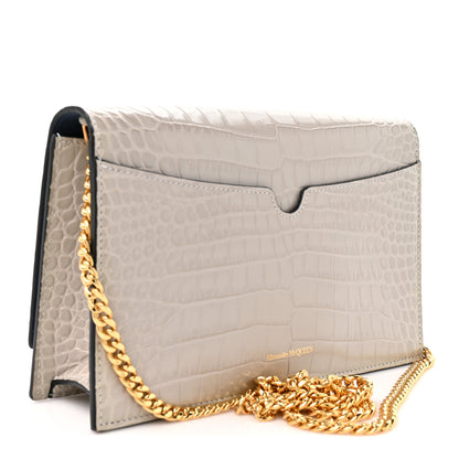 Alexander McQueen Calfskin Crocodile Embossed Skull Medium Shoulder Bag Grey 2 of 11