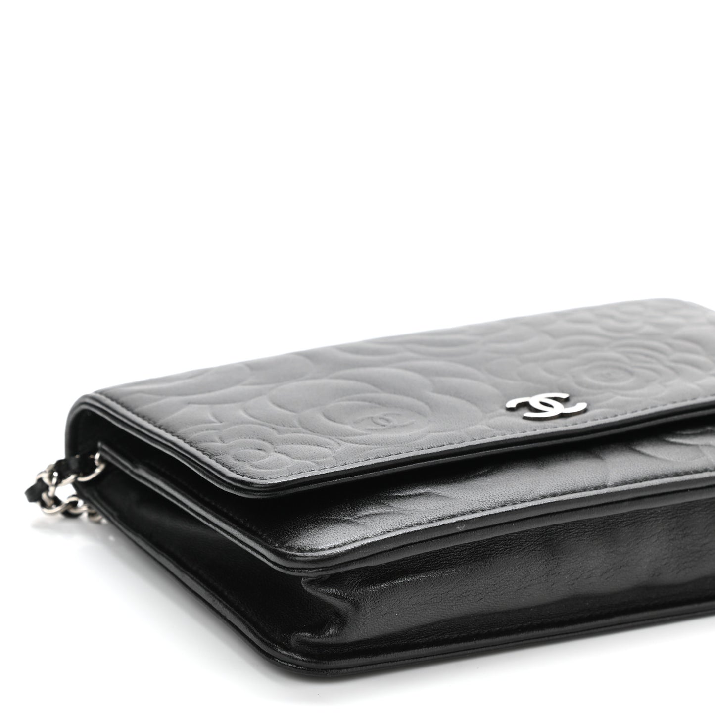 Lambskin Camellia Embossed Wallet on Chain WOC Black