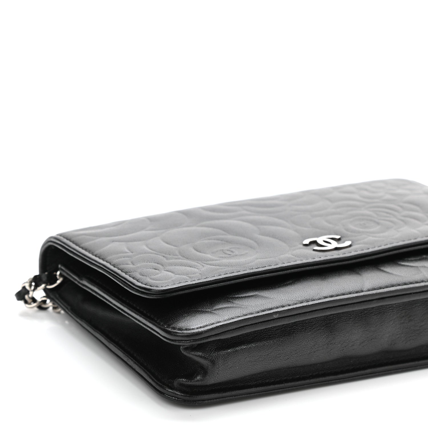Chanel Lambskin Camellia Embossed Wallet on Chain WOC Black 10 of 11