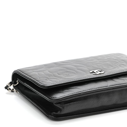 Chanel Lambskin Camellia Embossed Wallet on Chain WOC Black 10 of 11