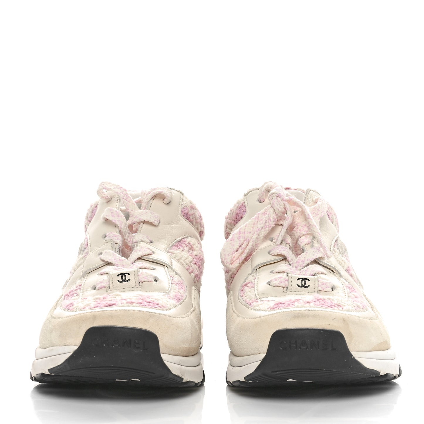 Tweed Suede Calfskin Womens CC Sneakers 38.5 Pink Ecru
