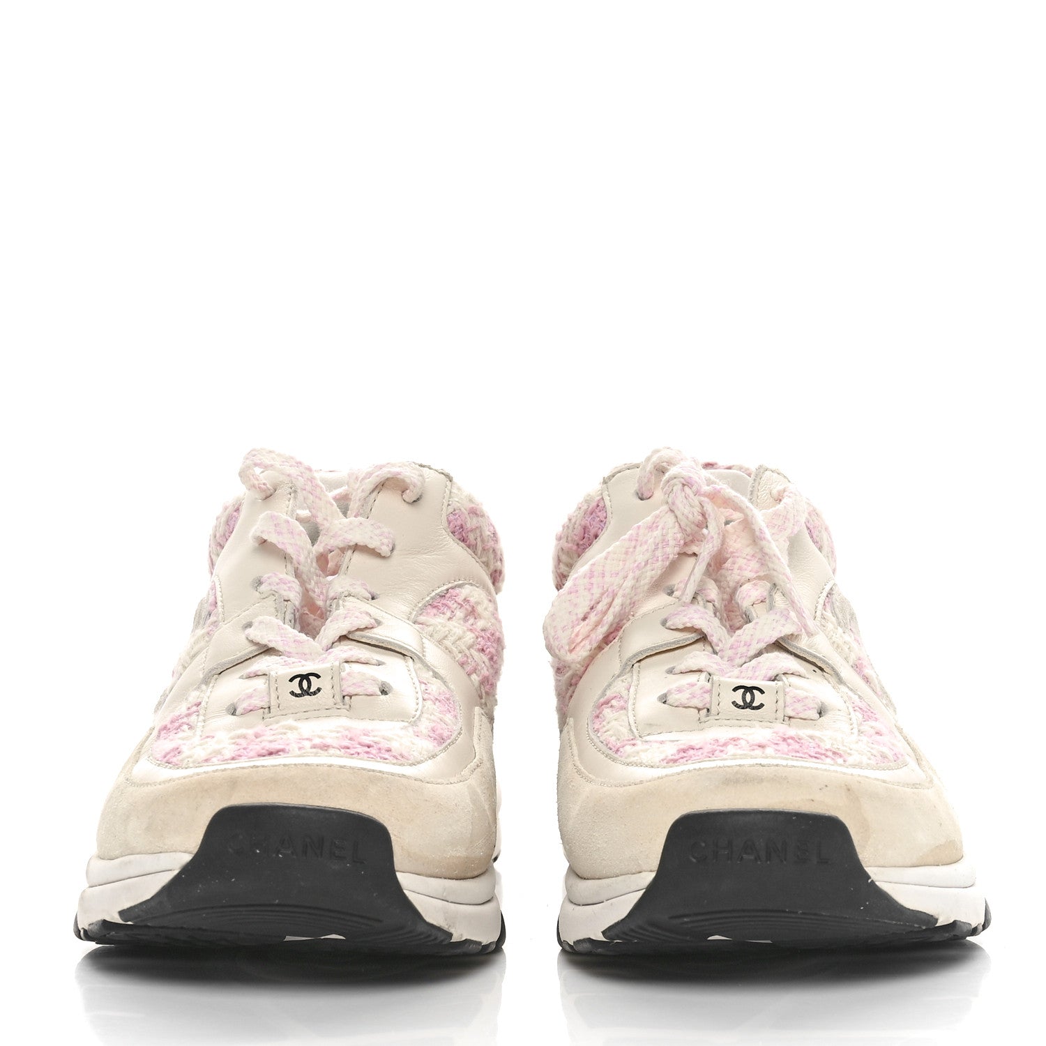 Chanel Tweed Suede Calfskin Womens CC Sneakers 38.5 Pink Ecru 2 of 7