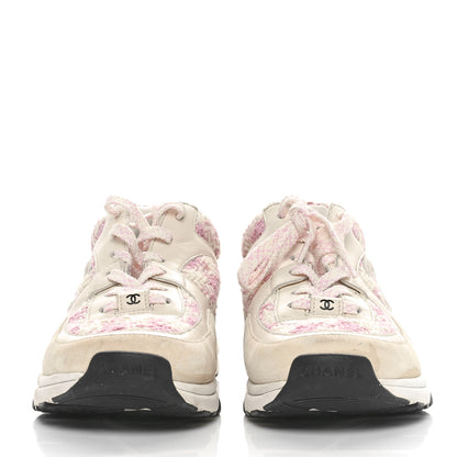 Chanel Tweed Suede Calfskin Womens CC Sneakers 38.5 Pink Ecru 2 of 7