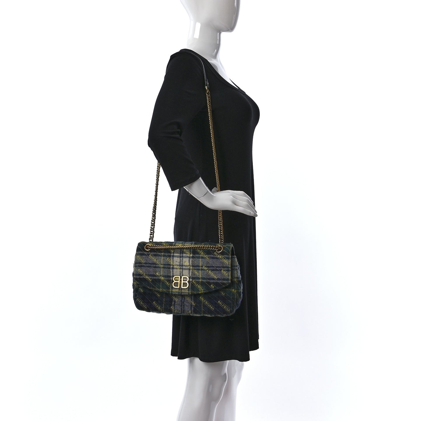 Wool Plaid Diagonal Allover Logo Matelasse M BB Round Shoulder Bag Green Blue Yellow