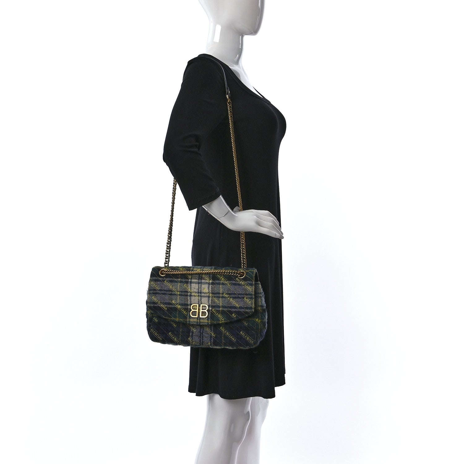 Balenciaga Wool Plaid Diagonal Allover Logo Matelasse M BB Round Shoulder Bag Green Blue Yellow 2 of 16