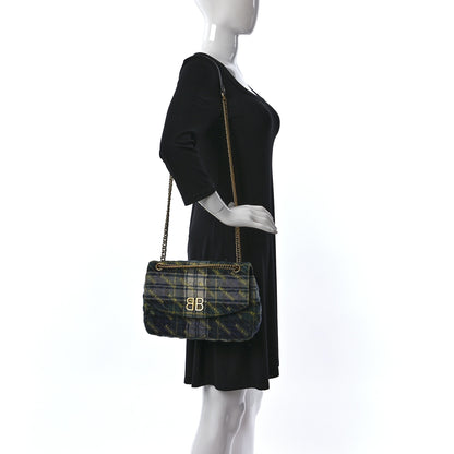Balenciaga Wool Plaid Diagonal Allover Logo Matelasse M BB Round Shoulder Bag Green Blue Yellow 2 of 16