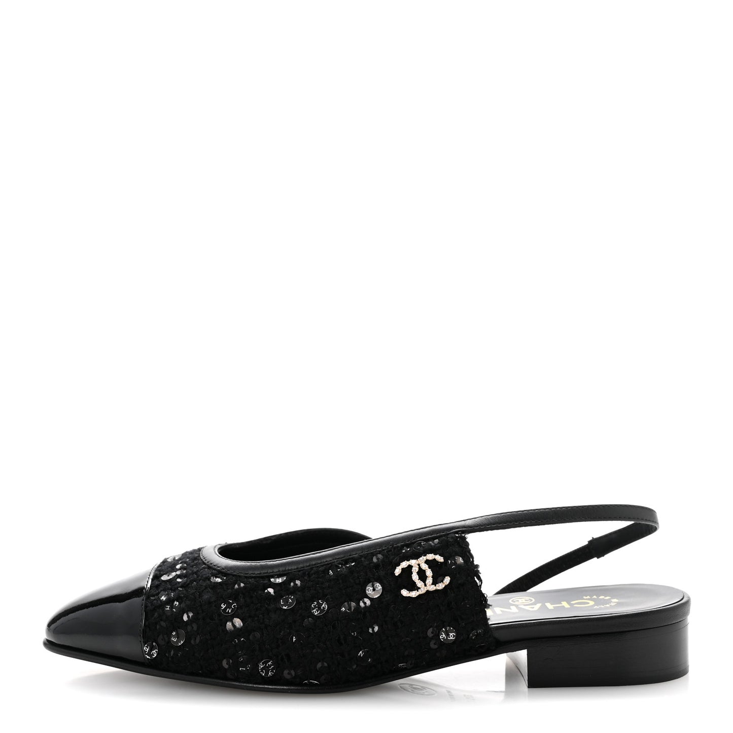 Glittered Wool Tweed Patent Calfskin Cap Toe CC Slingback Flats 37.5 Black