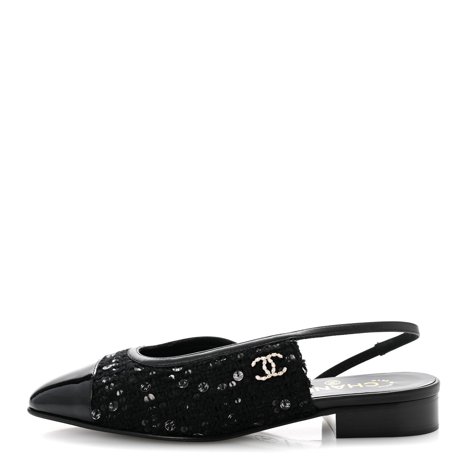 Chanel Glittered Wool Tweed Patent Calfskin Cap Toe CC Slingback Flats 37.5 Black 1 of 11