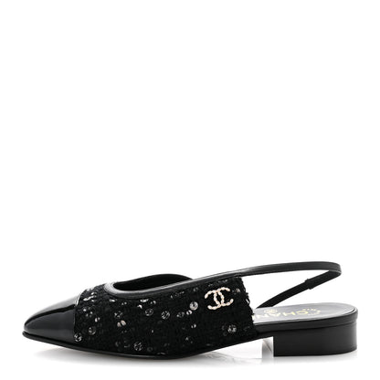 Chanel Glittered Wool Tweed Patent Calfskin Cap Toe CC Slingback Flats 37.5 Black 1 of 11