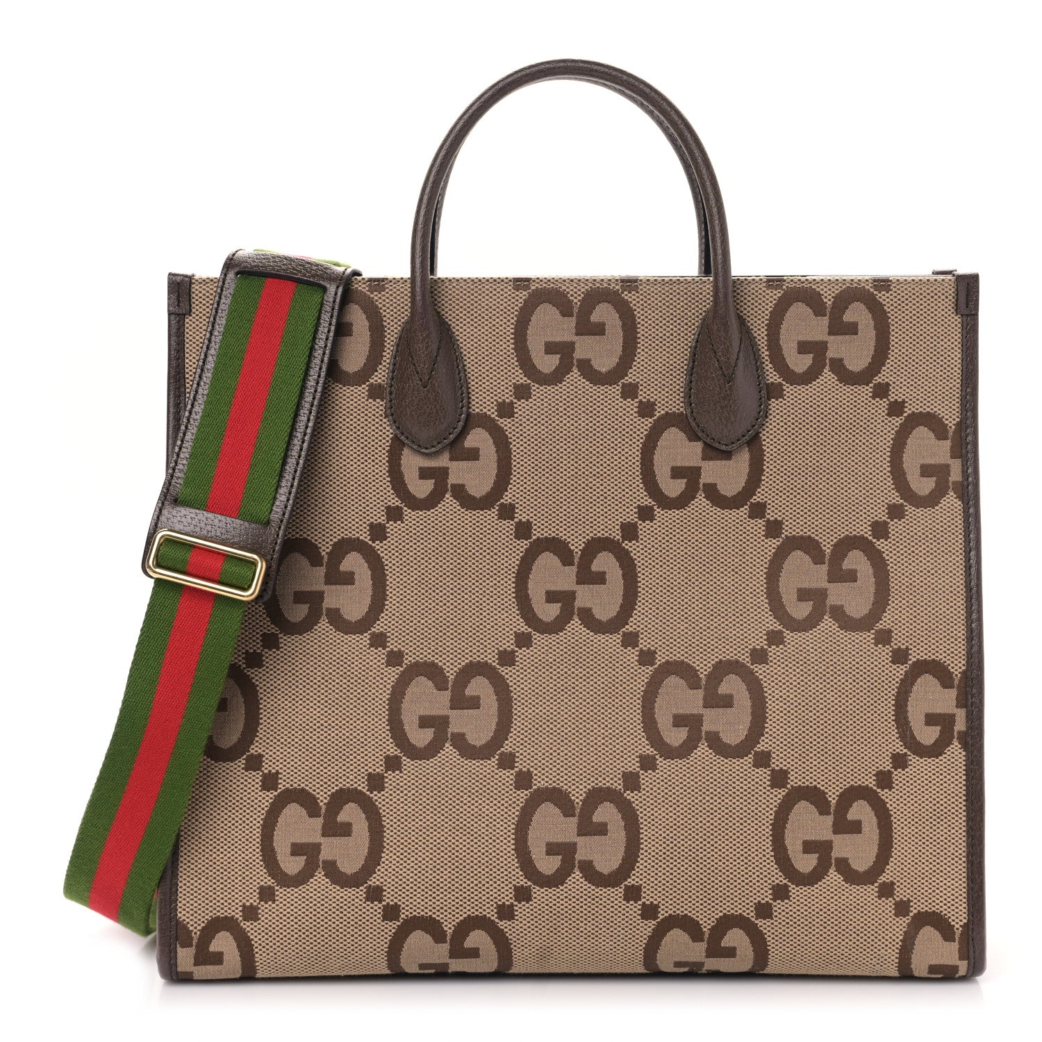 Gucci Monogram Jumbo GG Textured Dollar Calfskin Web Tote Bag Camel Ebony New Acero 1 of 8