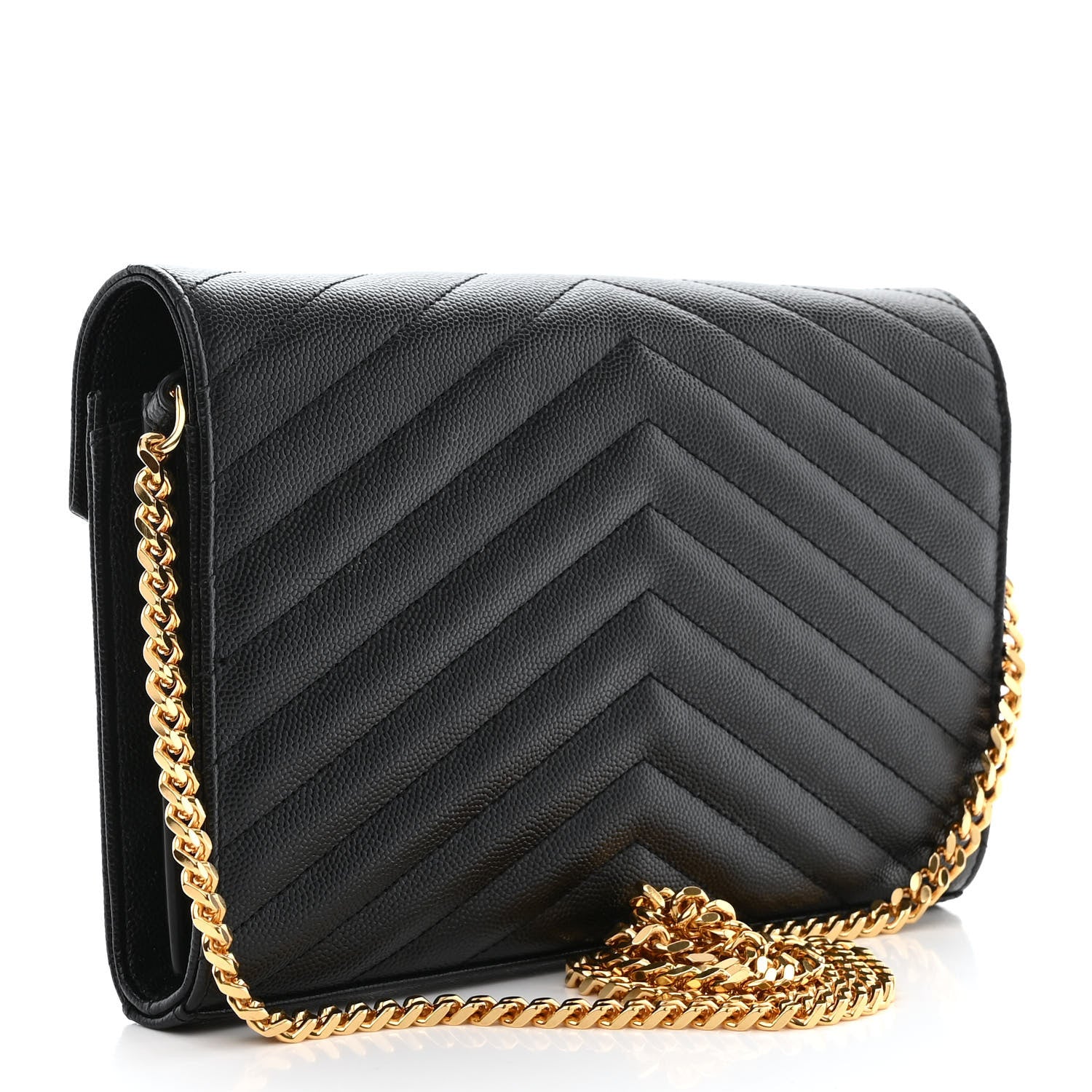 Saint Laurent Grain De Poudre Matelasse Chevron Monogram Chain Wallet Black 3 of 13