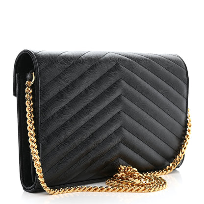 Saint Laurent Grain De Poudre Matelasse Chevron Monogram Chain Wallet Black 3 of 13