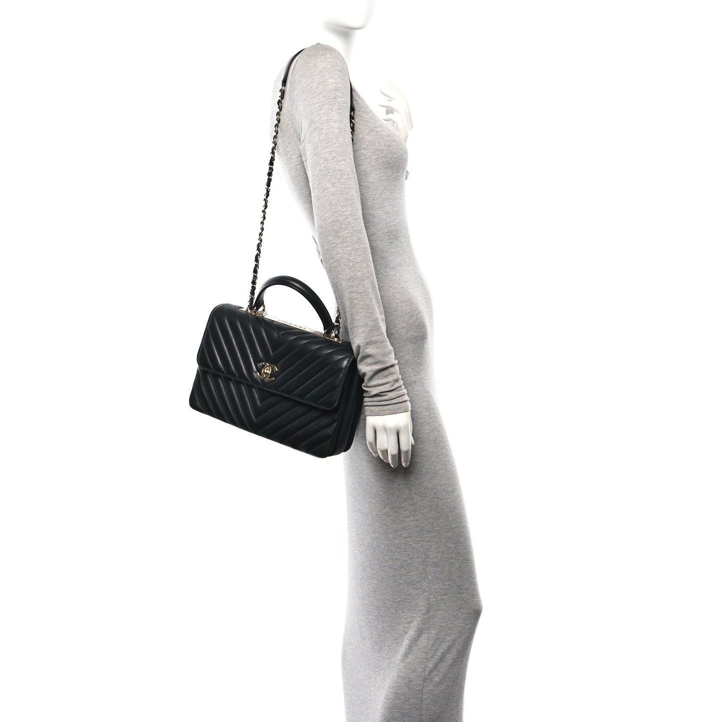 Lambskin Chevron Quilted Medium Trendy CC Dual Handle Flap Bag Black