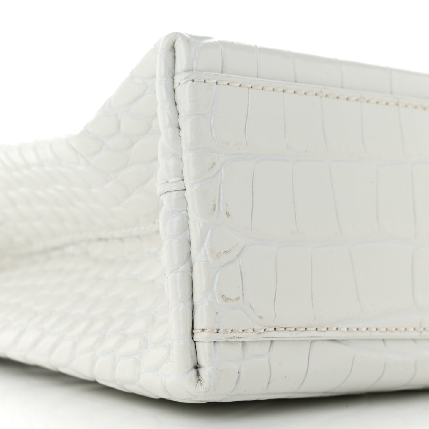 Shiny Calfskin Logo Crocodile Embossed North South Shopper Tote XXS White