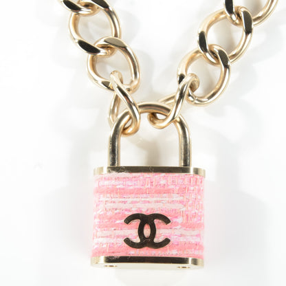 Chanel Tweed CC Oversized Padlock Chain Necklace Gold Pink 5 of 12