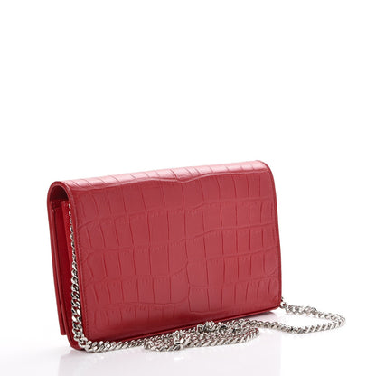 Saint Laurent Calfskin Crocodile Embossed Monogram Chain Wallet New Red 3 of 9
