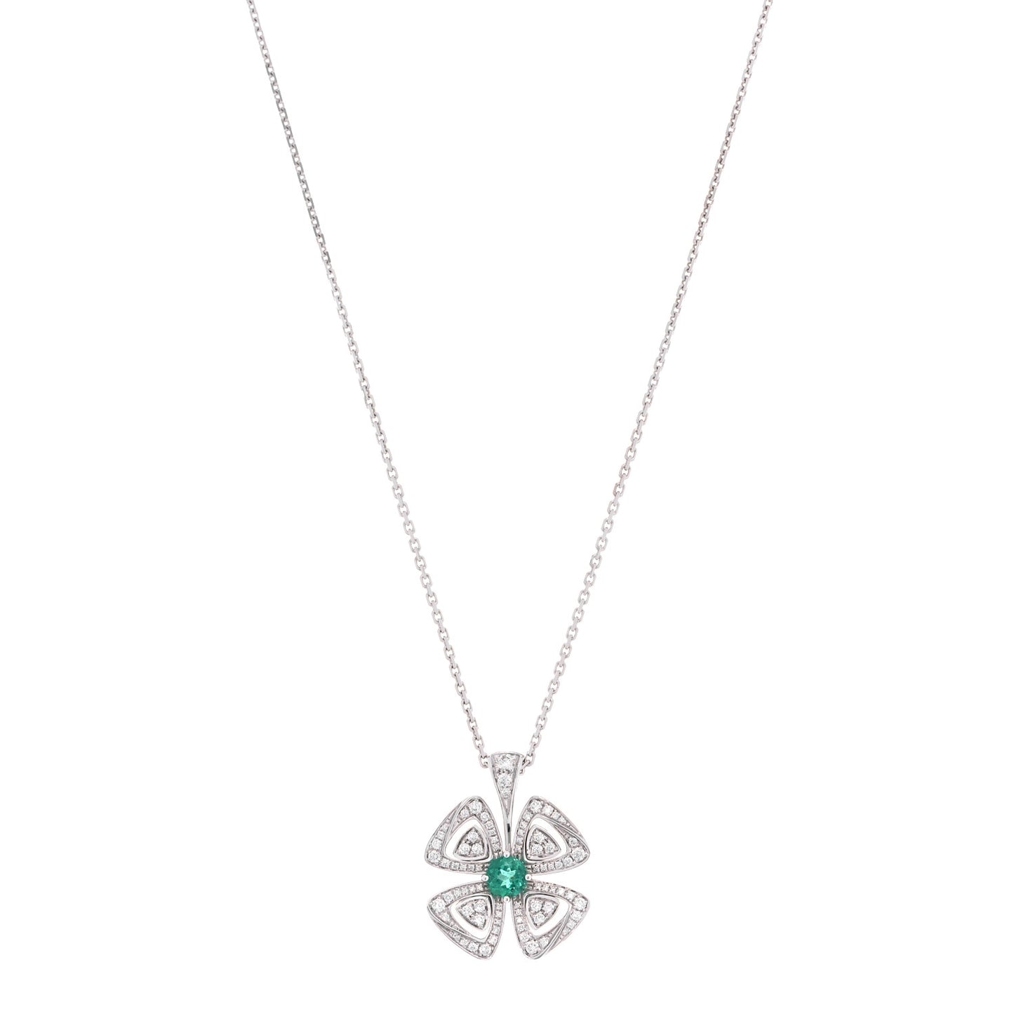 18K White Gold Diamond Emerald Fiorever Pendant Necklace