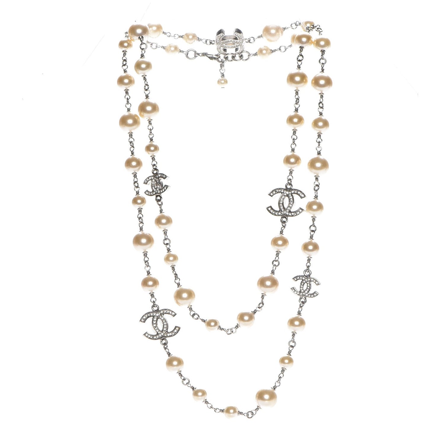 Crystal Pearl CC Long Necklace Silver