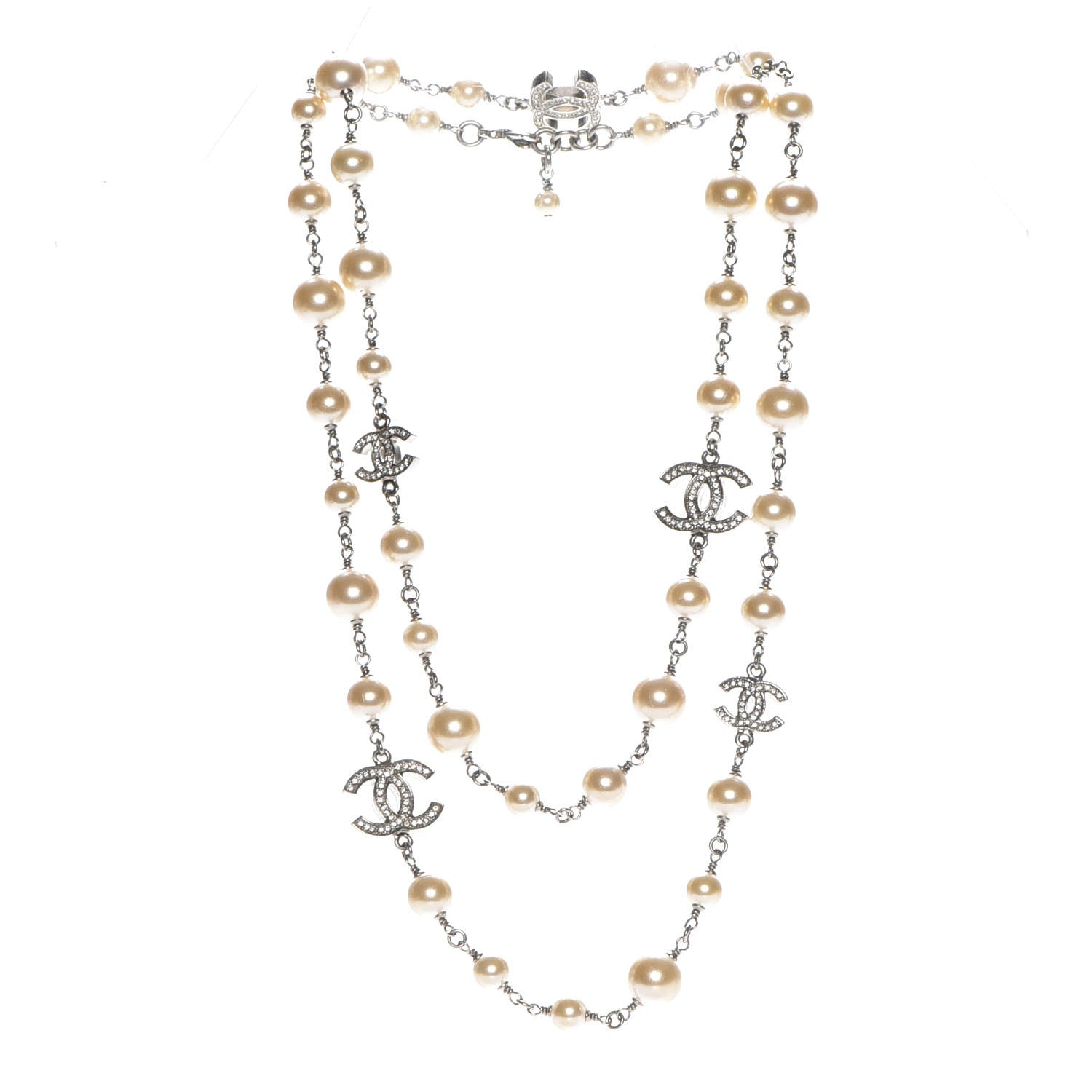 Chanel Crystal Pearl CC Long Necklace Silver 3 of 6