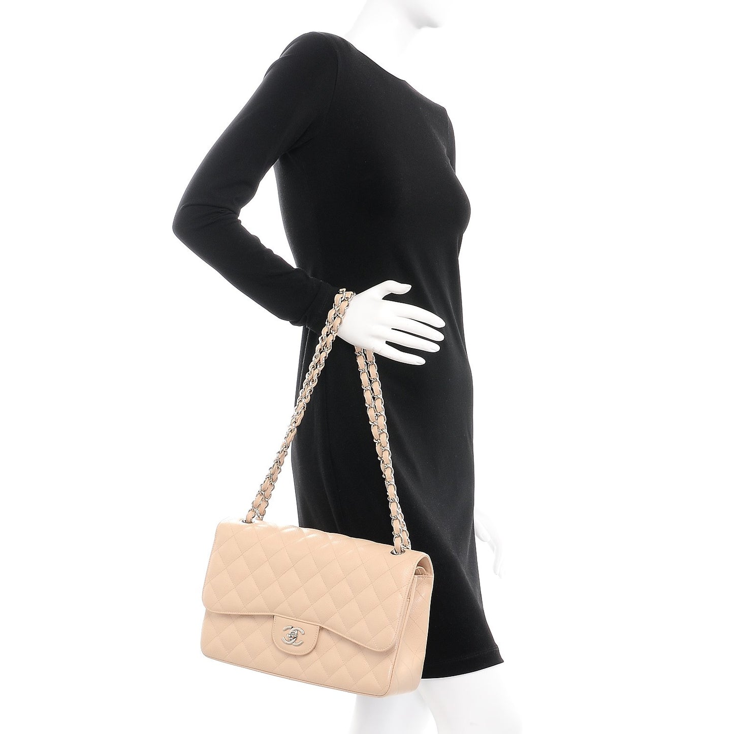 Caviar Quilted Jumbo Double Flap Beige Clair