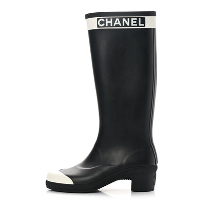 Chanel Rubber Logo Rain Boots 40 Black White 1 of 13