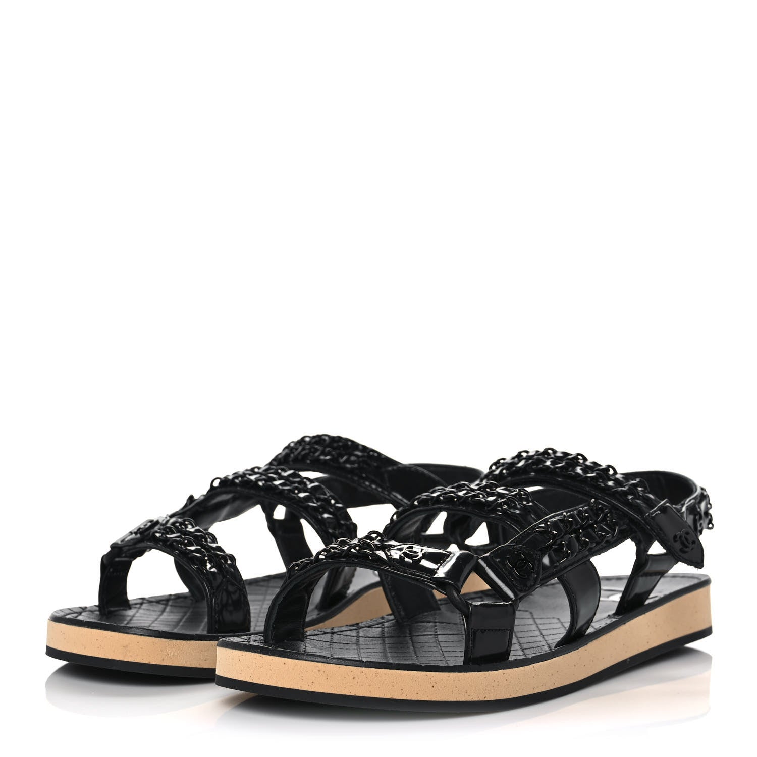 Chanel Laminated Goatskin Chain Sandals 39 Black 3 of 9