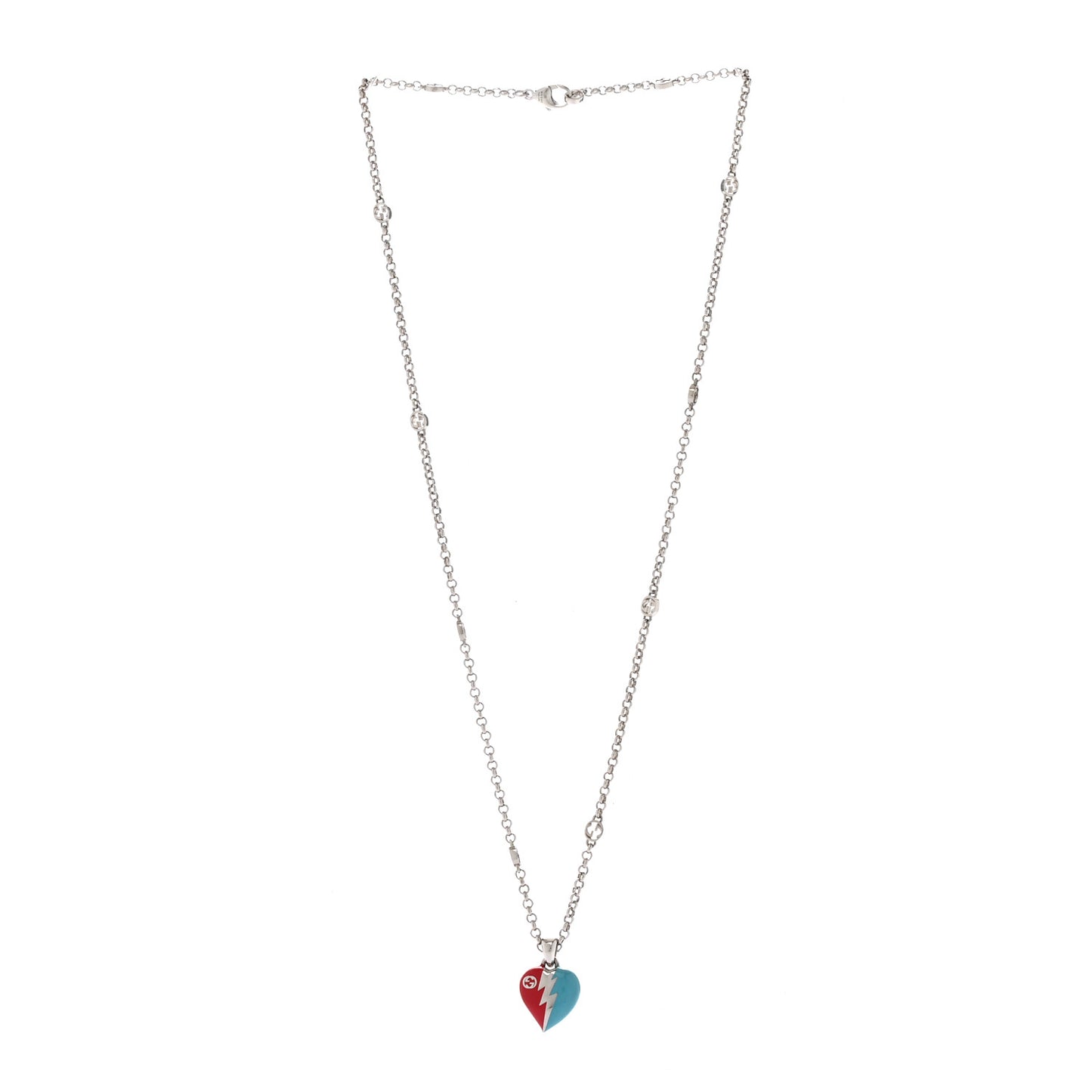 Metal Enamel Interlocking G Heart Lightning Charm Necklace Red Blue