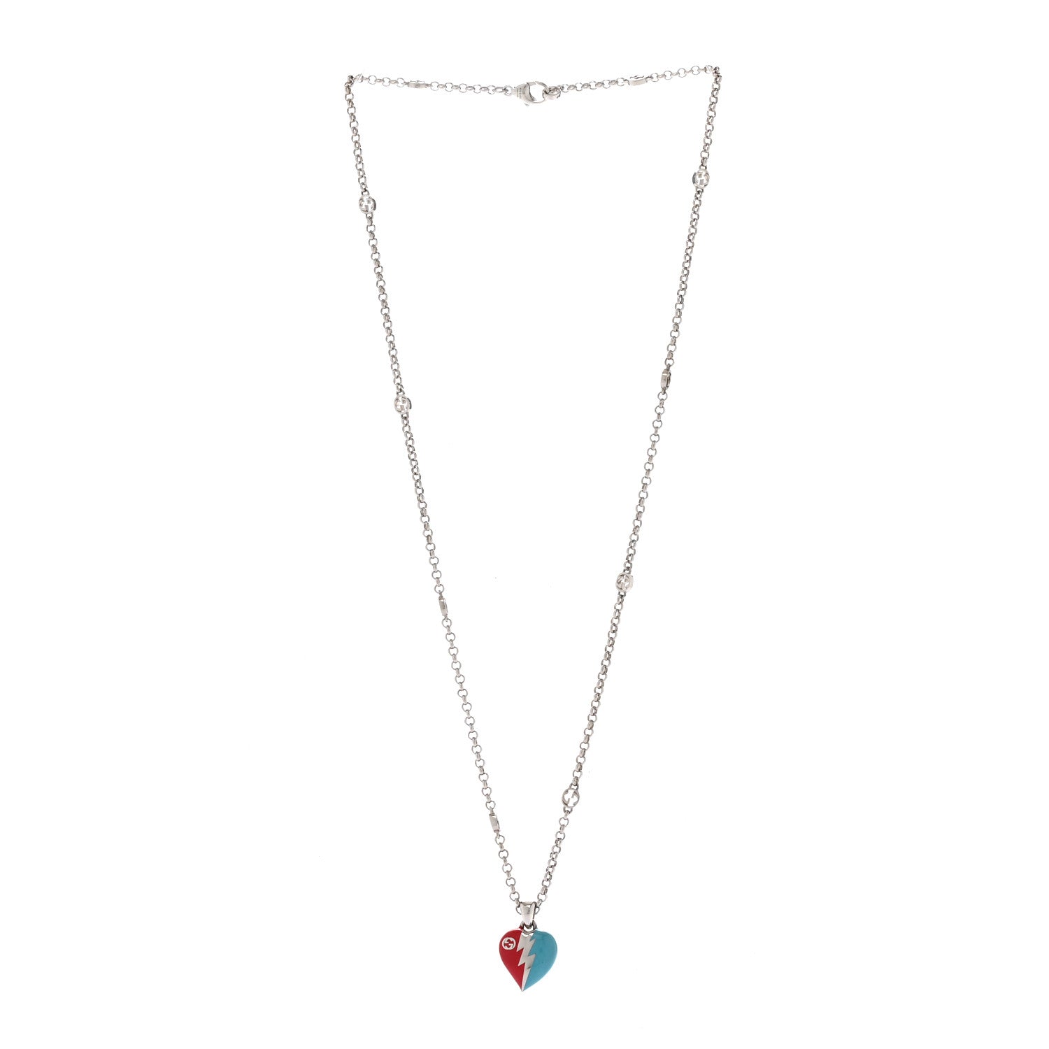 Gucci Metal Enamel Interlocking G Heart Lightning Charm Necklace Red Blue 3 of 7