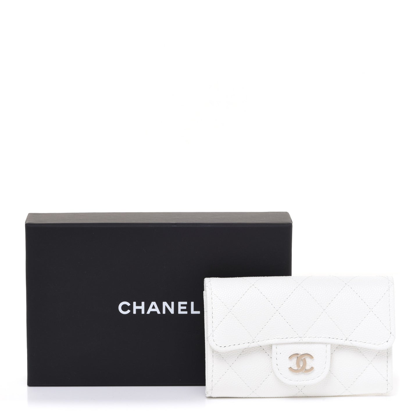 Caviar Quilted Flap Card Holder Wallet White