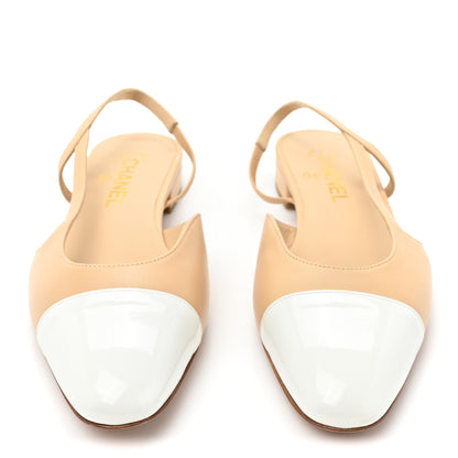 Chanel Lambskin Patent Cap Toe CC Slingback Sandals 39 Beige White 2 of 7