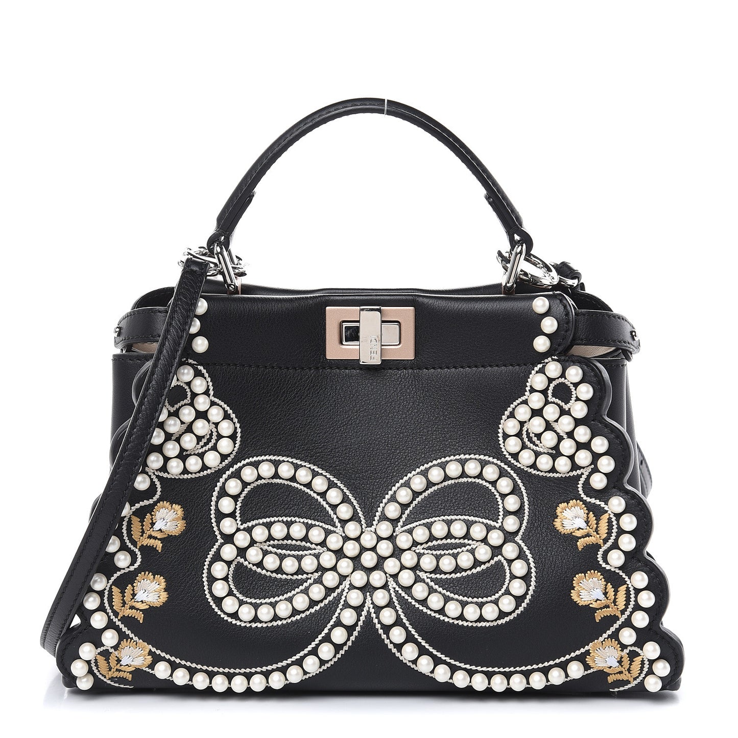 Calfskin Flowers and Bows Scalloped Mini Peekaboo Iconic Satchel Black Camelia