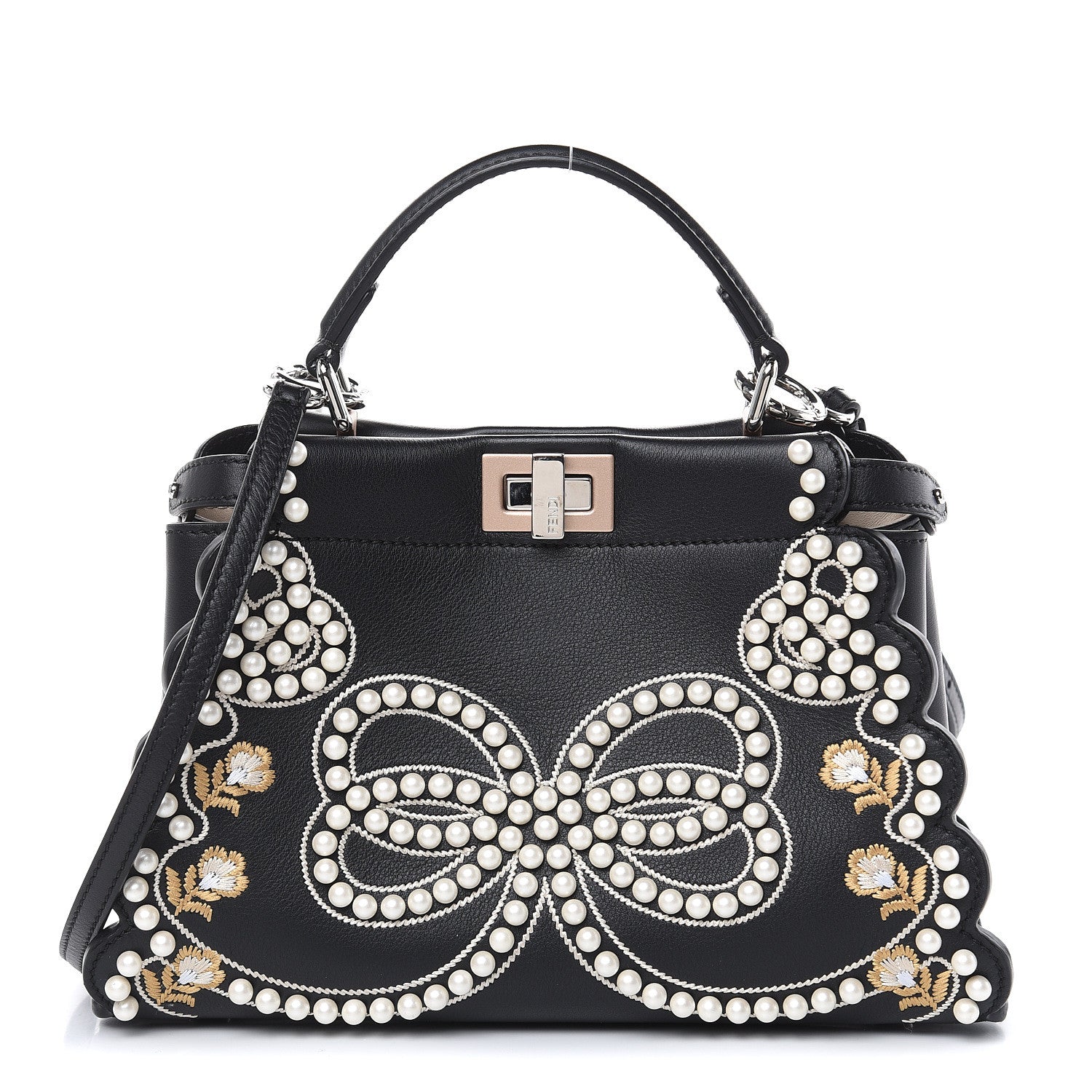 Fendi Calfskin Flowers and Bows Scalloped Mini Peekaboo Iconic Satchel Black Camelia 1 of 10