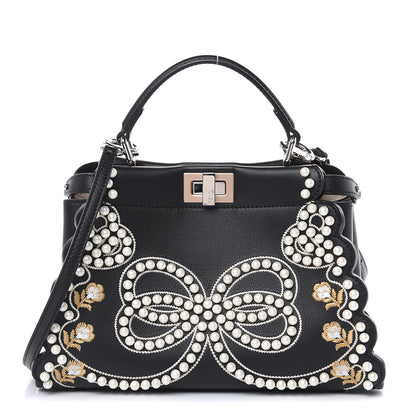 Fendi Calfskin Flowers and Bows Scalloped Mini Peekaboo Iconic Satchel Black Camelia 1 of 10