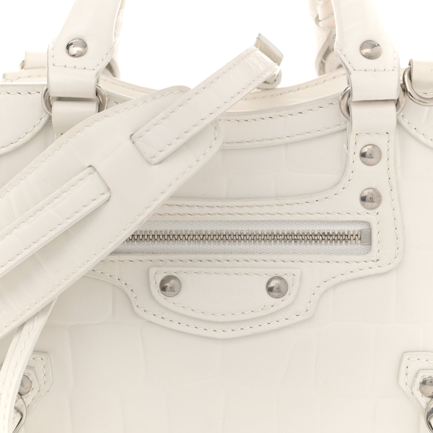 Balenciaga Semi Shiny Calfskin Crocodile Embossed Neo Classic Silver Hardware Mini City White 8 of 17