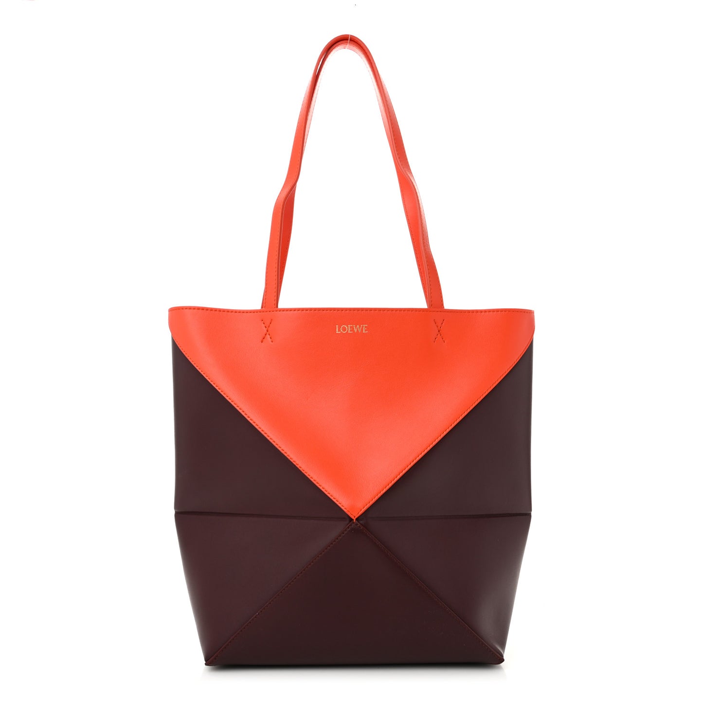 Shiny Calfskin Medium Puzzle Fold Tote Burgundy Orange