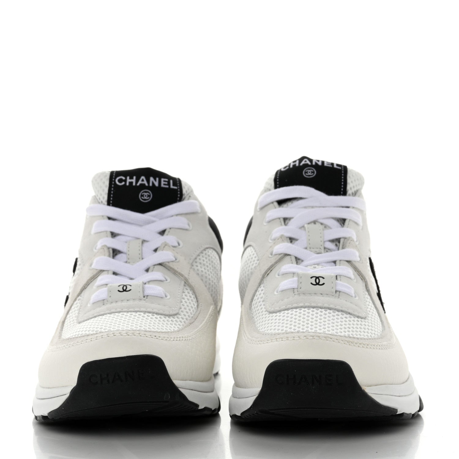 Chanel Mesh Suede Calfskin Grained Calfskin Womens CC Sneakers 38.5 White Black 2 of 9