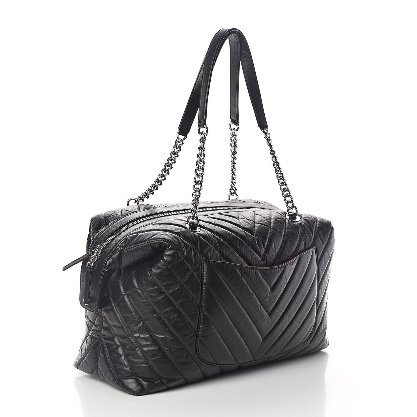 Aged Calfskin Chevron Quilted Duffle Bag Black