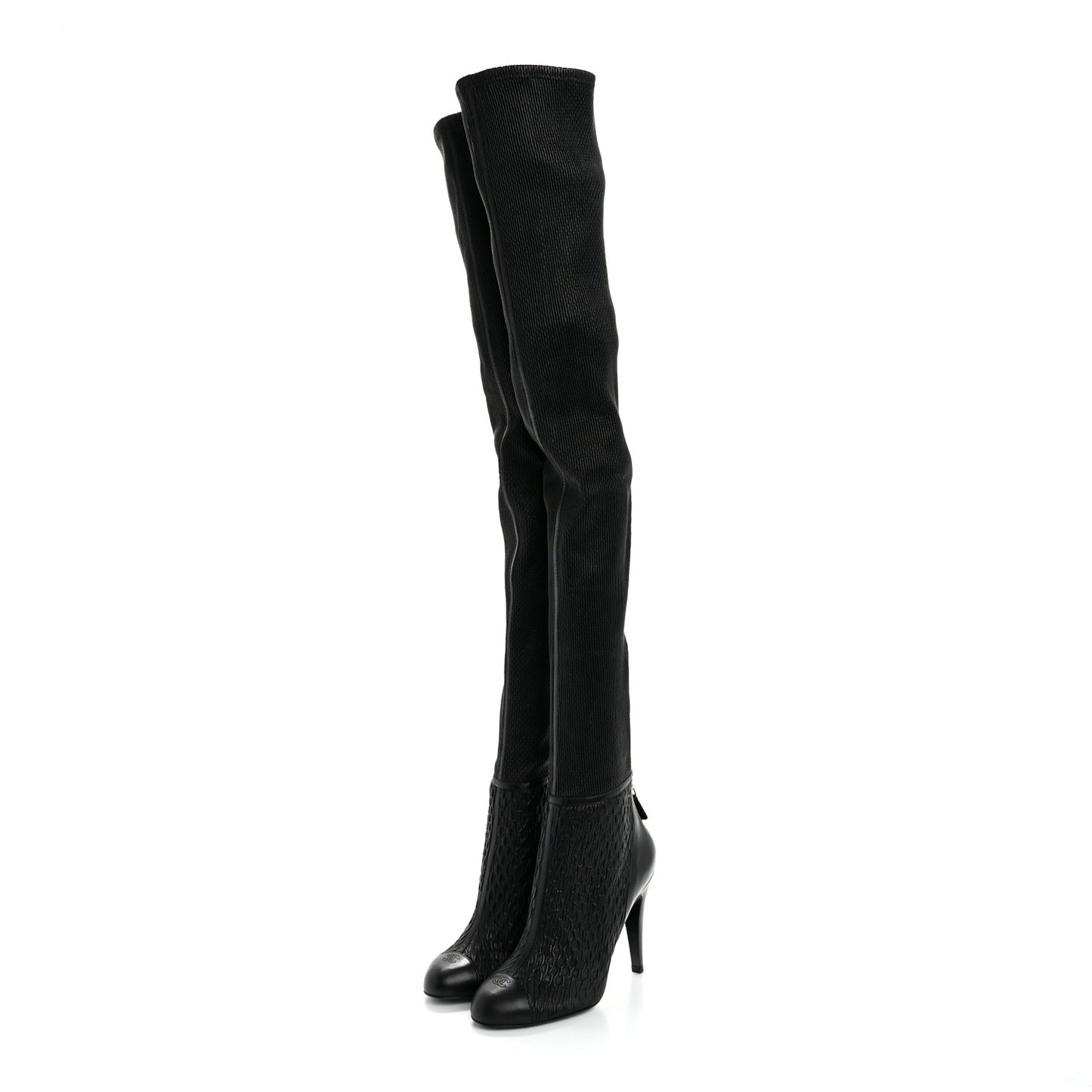 Calfskin Embossed Cap Toe CC Over The Knee Boots  40 Black