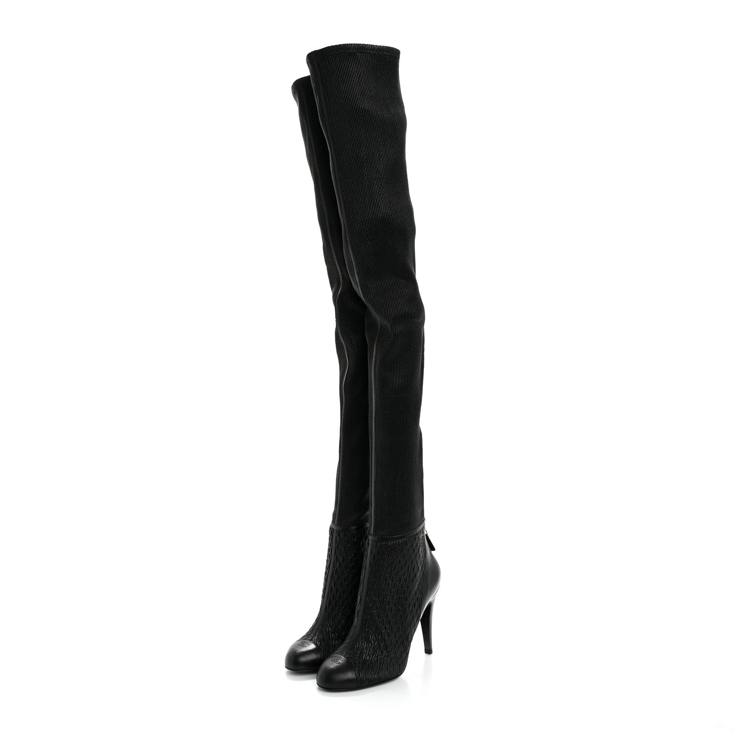 Chanel Calfskin Embossed Cap Toe CC Over The Knee Boots  40 Black 4 of 10