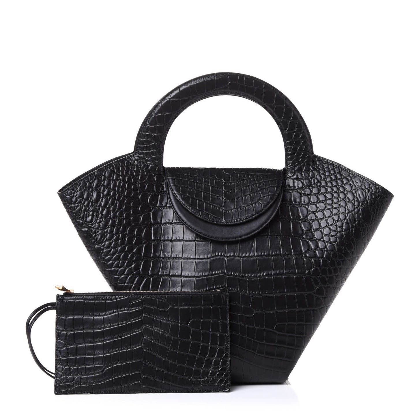 Calfskin Crocodile Embossed Doll Medium Top Handle Bag Black