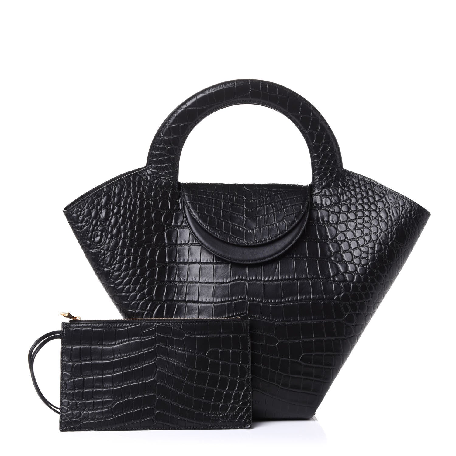 Bottega Veneta Calfskin Crocodile Embossed Doll Medium Top Handle Bag Black 1 of 4