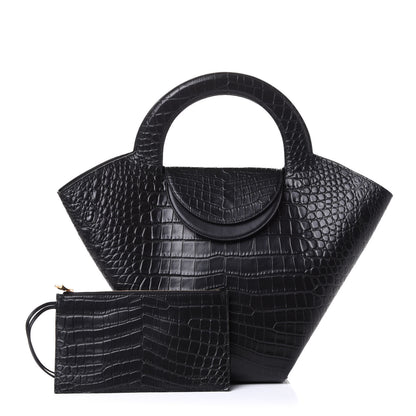 Bottega Veneta Calfskin Crocodile Embossed Doll Medium Top Handle Bag Black 1 of 4